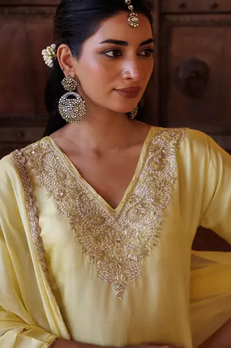 Yellow embroidered silk kurta set