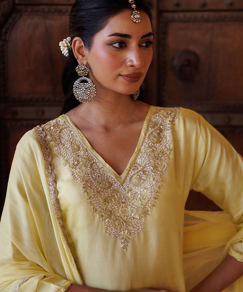 Yellow embroidered silk kurta set