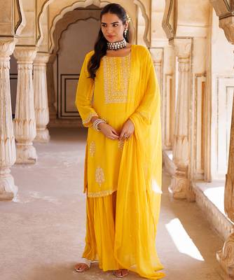 Yellow embroidered silk sharara set 1