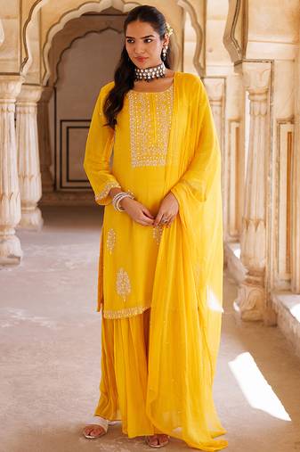 Yellow embroidered silk sharara set