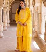 Yellow embroidered silk sharara set