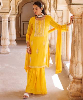 Yellow embroidered silk sharara set 2