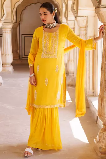 Yellow embroidered silk sharara set