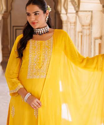 Yellow embroidered silk sharara set 3