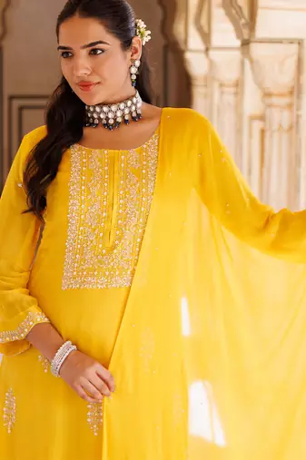 Yellow embroidered silk sharara set