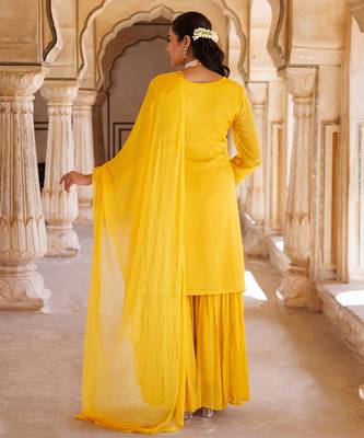 Yellow embroidered silk sharara set 4