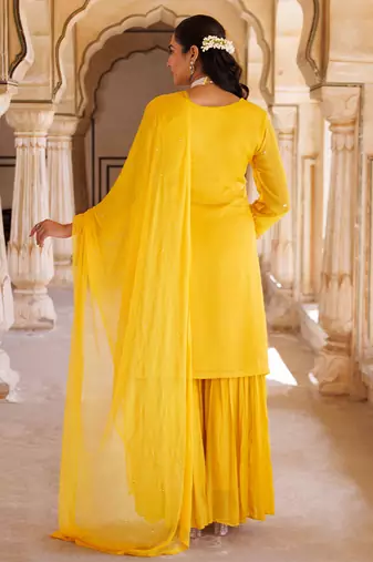 Yellow embroidered silk sharara set