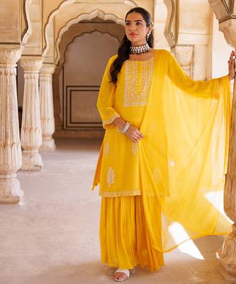 Yellow embroidered silk sharara set 5