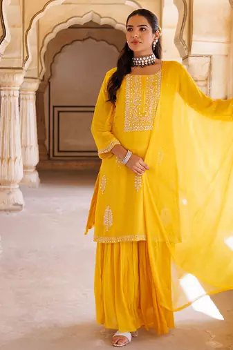 Yellow embroidered silk sharara set