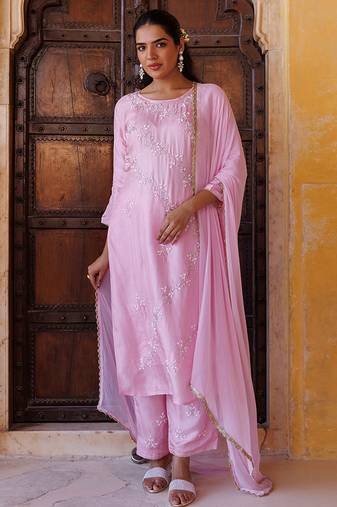 Pink embroidered silk kurta set