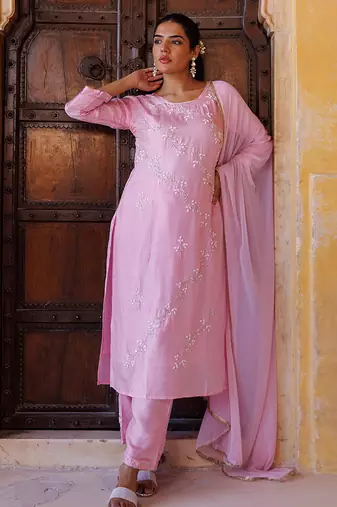 Pink embroidered silk kurta set