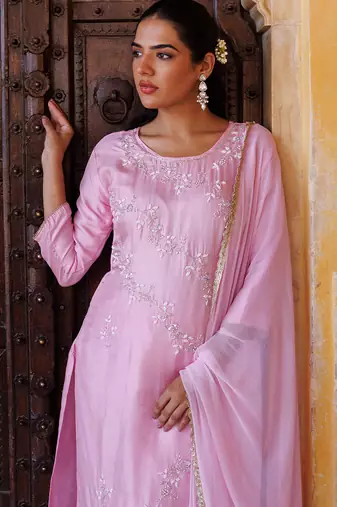 Pink embroidered silk kurta set
