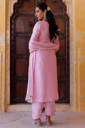 Pink embroidered silk kurta set