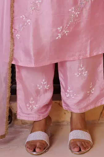 Pink embroidered silk kurta set