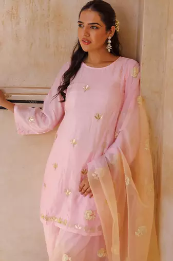 Pink embroidered silk kurta set