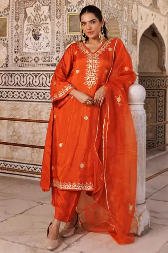 Orange embroidered silk kurta set
