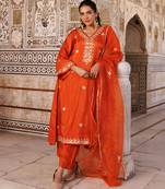 Orange embroidered silk kurta set
