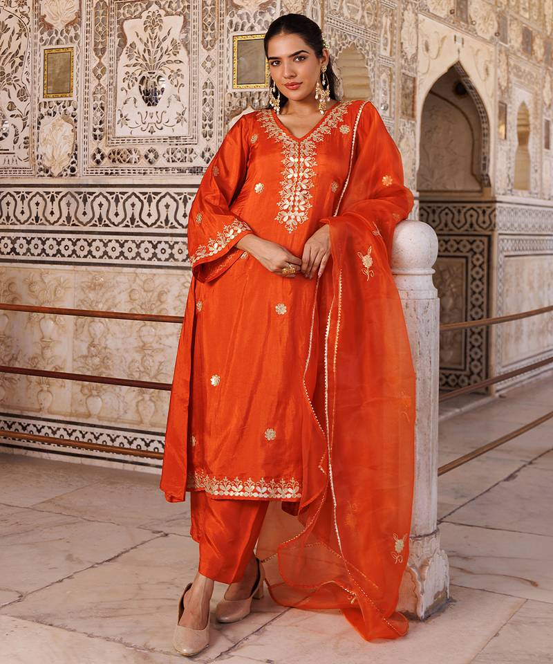 Orange embroidered silk kurta set