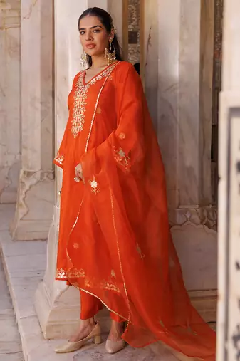Orange embroidered silk kurta set