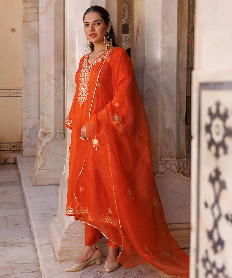 Orange embroidered silk kurta set