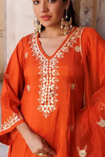 Orange embroidered silk kurta set