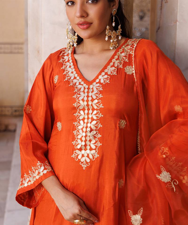 Orange embroidered silk kurta set