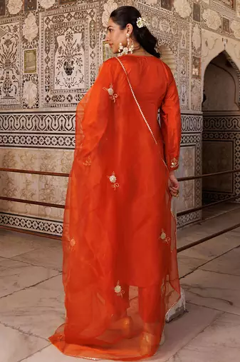 Orange embroidered silk kurta set