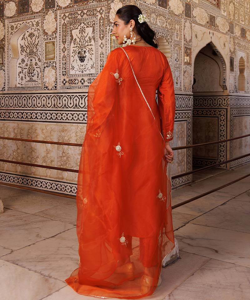 Orange embroidered silk kurta set