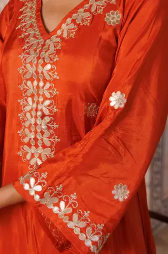 Orange embroidered silk kurta set