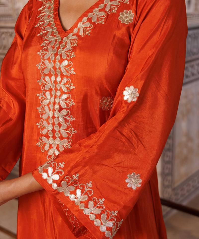 Orange embroidered silk kurta set