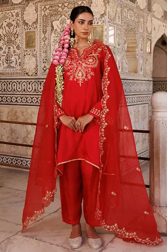 Red embroidered silk kurta set