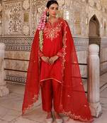Red embroidered silk kurta set