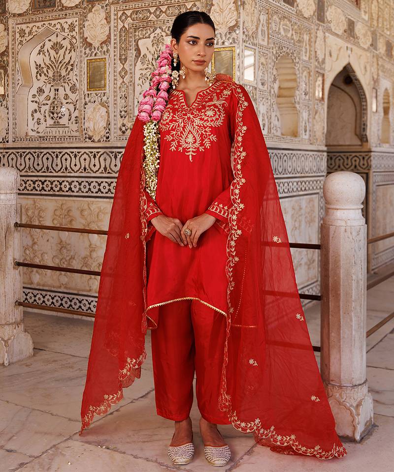 Red embroidered silk kurta set