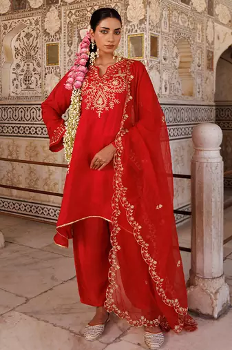 Red embroidered silk kurta set