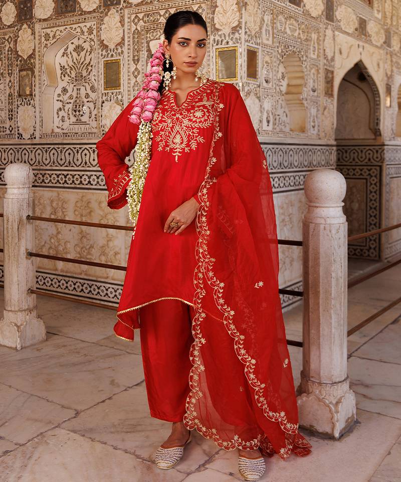 Red embroidered silk kurta set