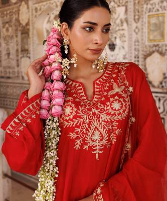 Red embroidered silk kurta set 3
