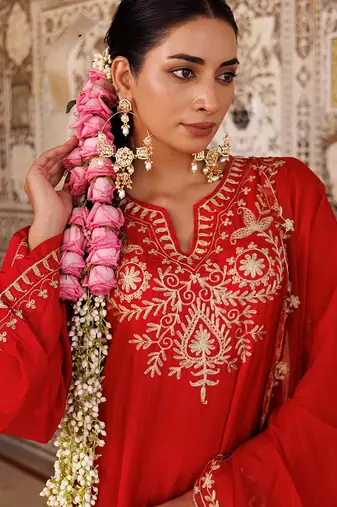 Red embroidered silk kurta set