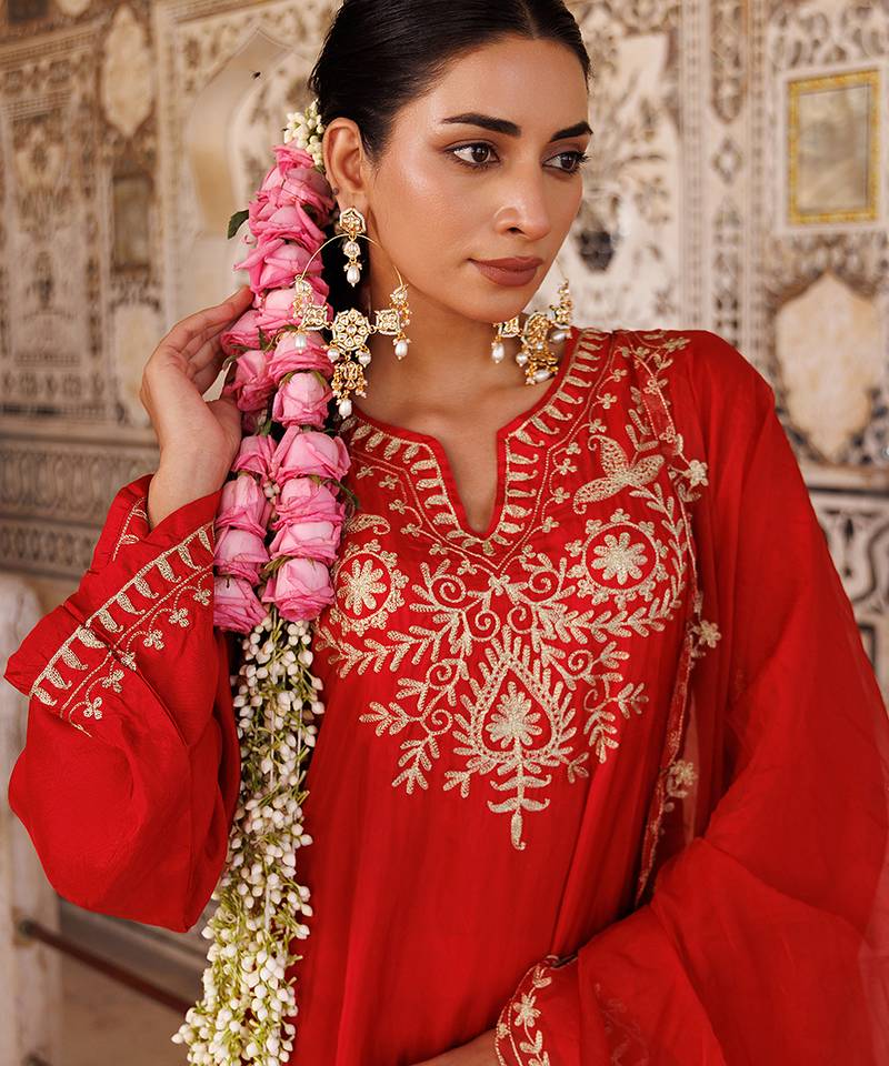 Red embroidered silk kurta set