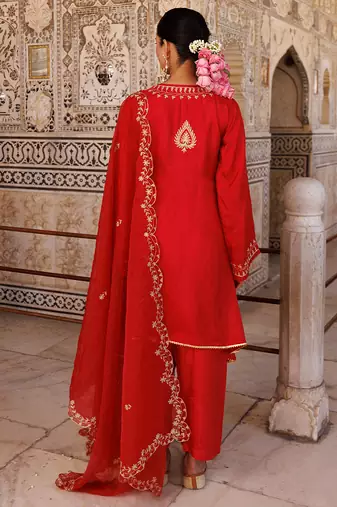 Red embroidered silk kurta set