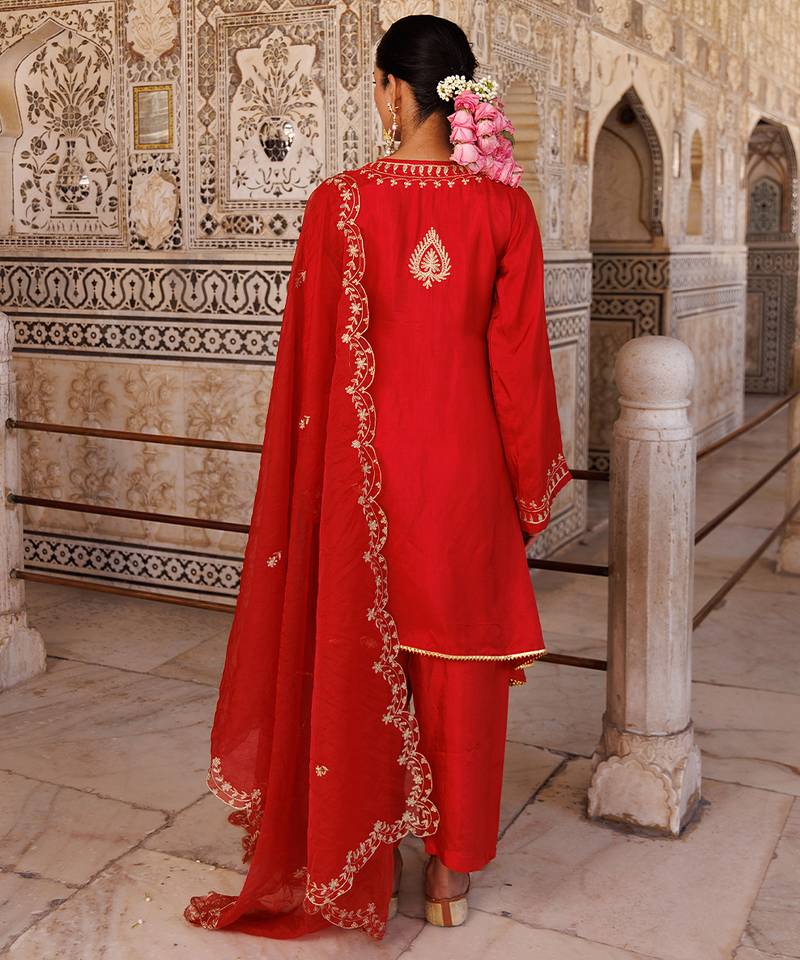 Red embroidered silk kurta set