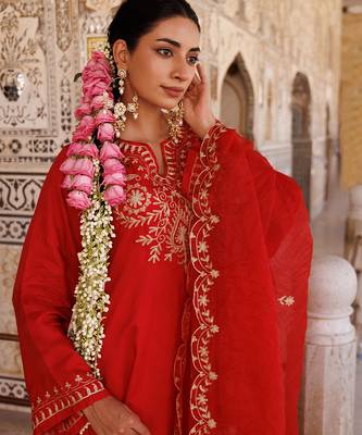 Red embroidered silk kurta set 5