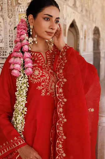 Red embroidered silk kurta set