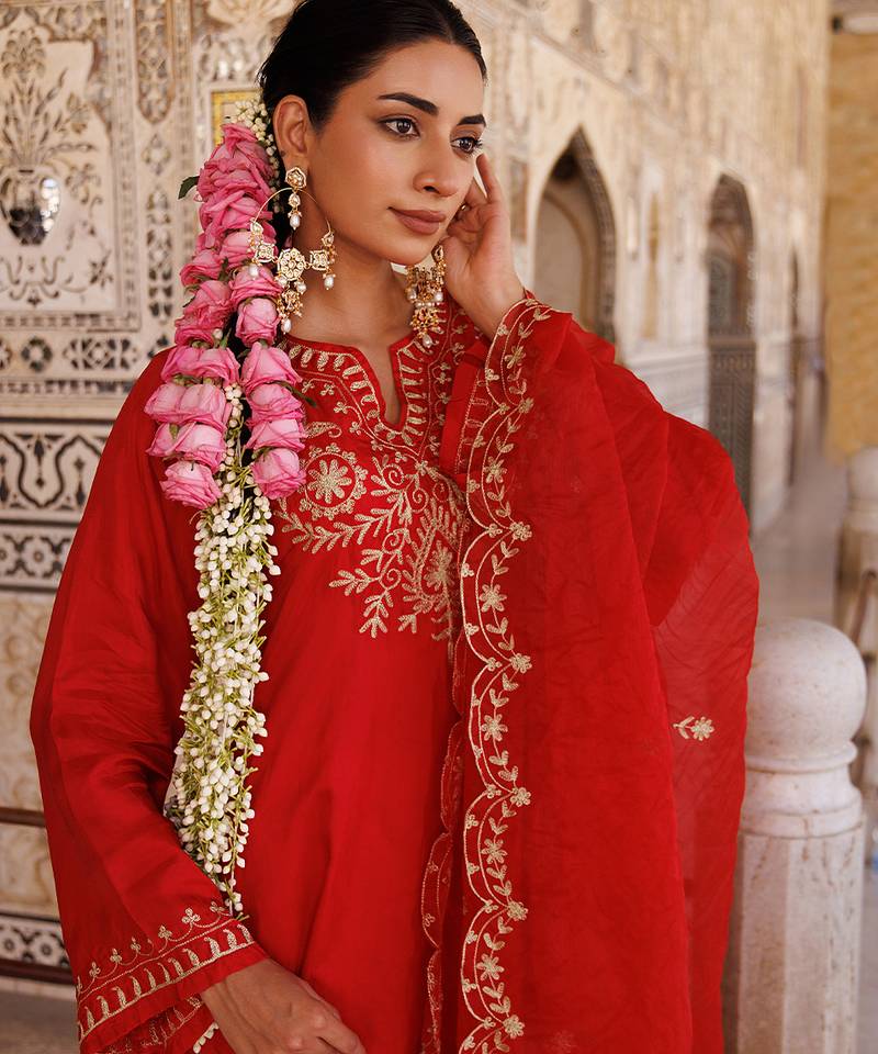 Red embroidered silk kurta set