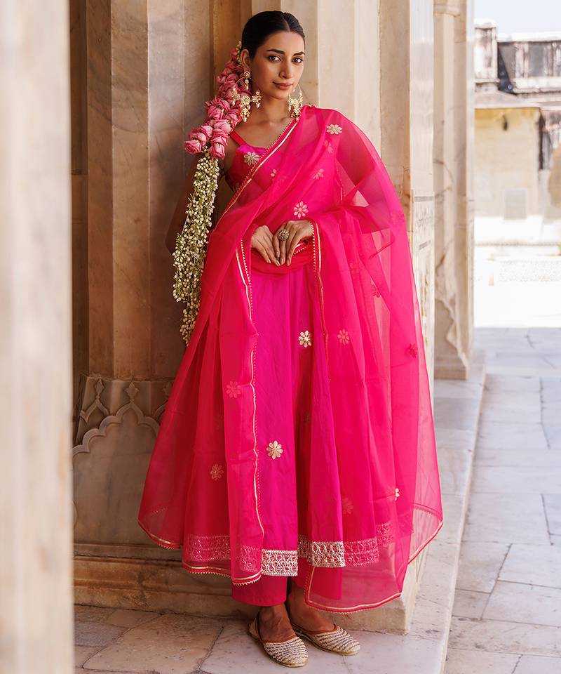 Pink embroidered taffeta Anarkali