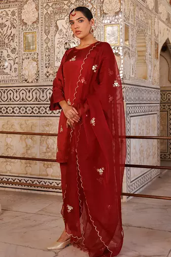 Maroon embroidered silk Kurta Set