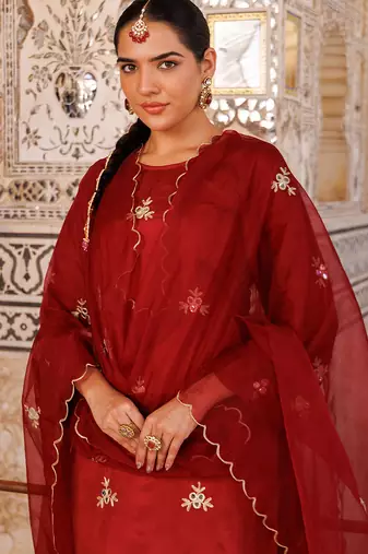Maroon embroidered silk Kurta Set