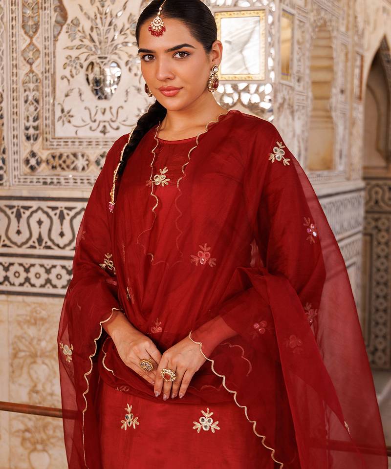 Maroon embroidered silk Kurta Set