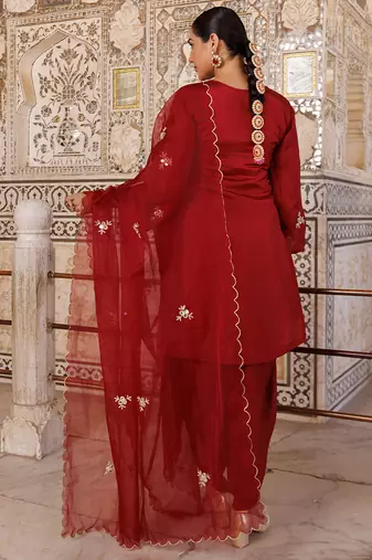 Maroon embroidered silk Kurta Set