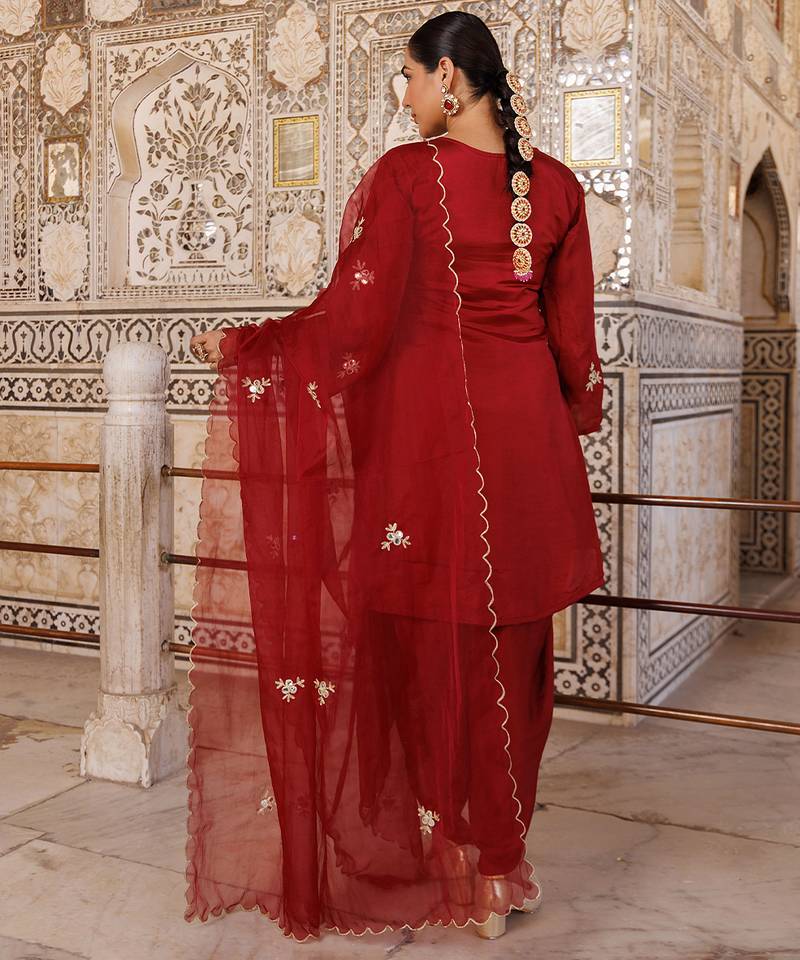 Maroon embroidered silk Kurta Set