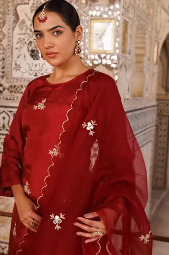Maroon embroidered silk Kurta Set